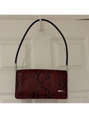 NINE WEST faux snakeskin purse red black shoulder bag multi pockets silver tone